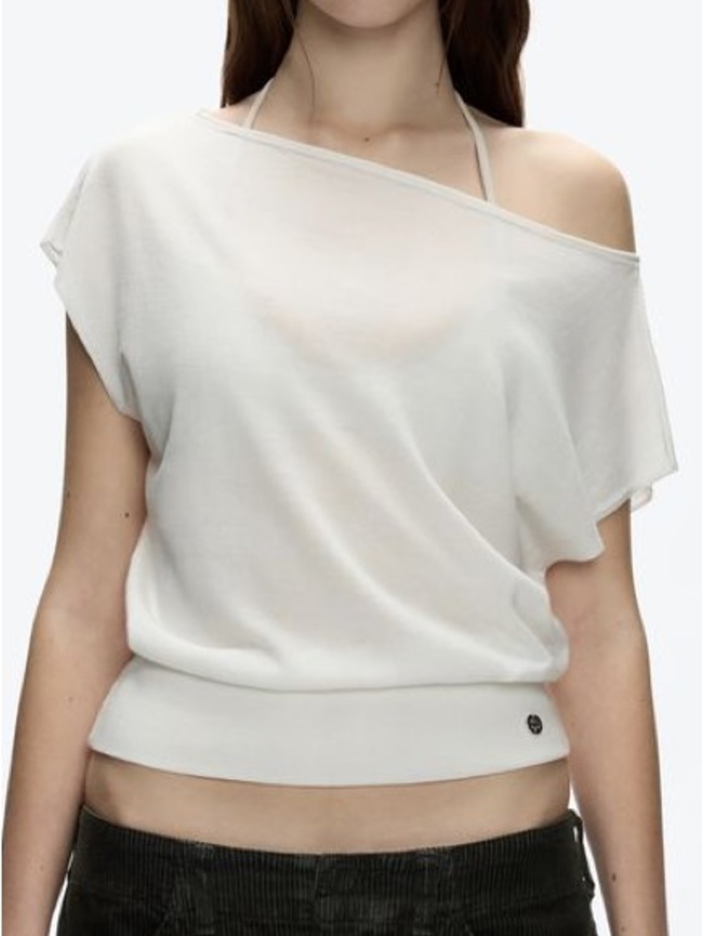 Tank Air Women’s Cream Boatneck Off the shoulder Asymmetrical Knit Top